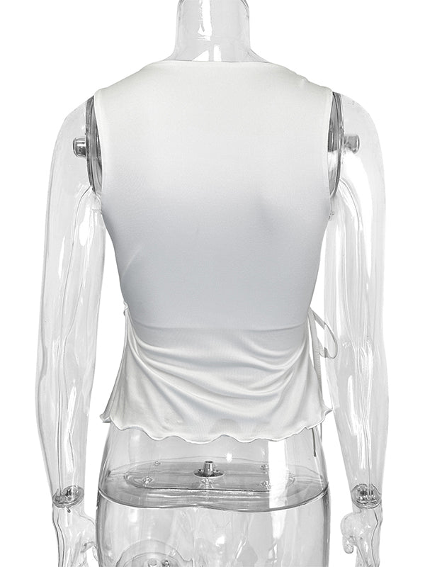 Solid Color Tied Loose Sleeveless V-Neck Vest Top