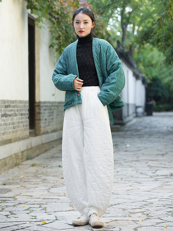 Casual Loose Keep Warm Quilted Solid Color Padded Bloomers Pants