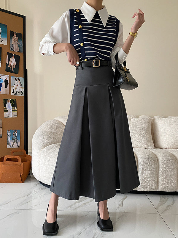 Pleated Solid Color Split-Joint A-Line High Waisted Skirts Bottoms