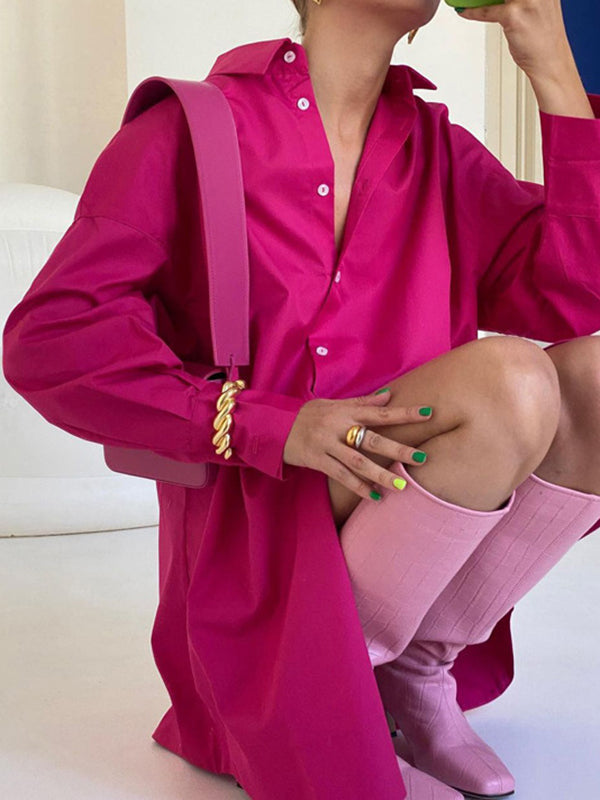 Solid Color Long Sleeves Loose Lapel Blouses