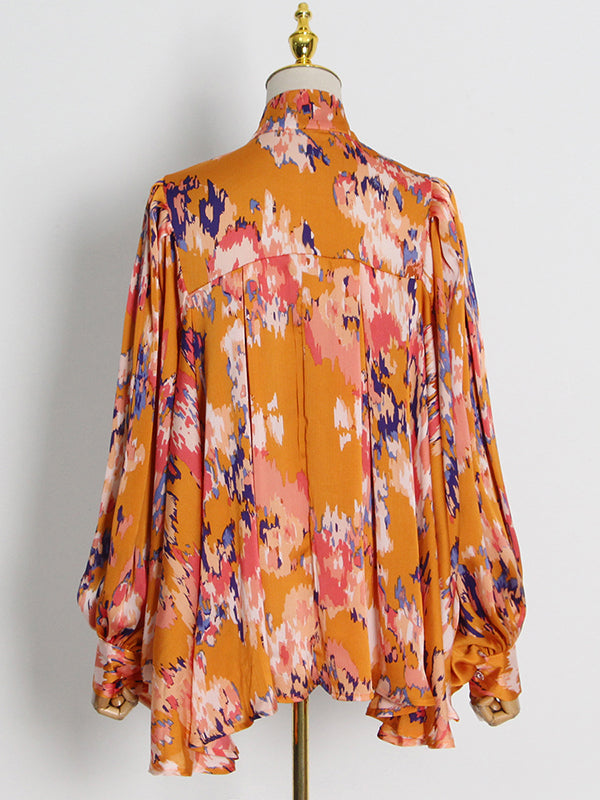 Loose Printed Puff Sleeves Pleated Stand Collar Blouses