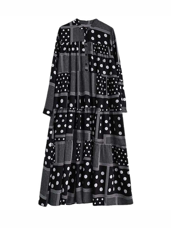 Buttoned Polka-Dot Printed Split-Joint Long Sleeves Loose Midi Dresses