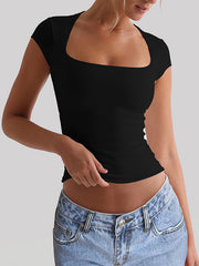 Solid Color Short Sleeves Skinny Square-Neck T-Shirts Tops