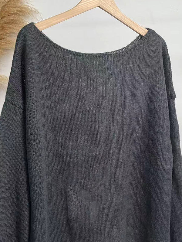 See-Through Solid Color Split-Joint Long Sleeves Loose Round-Neck Sweater Tops