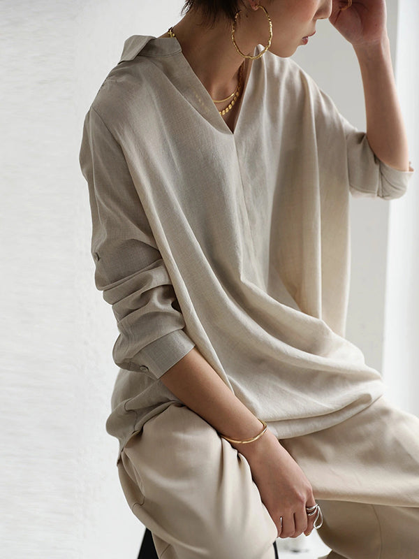 Loose Ramie Cotton Asymmetric Solid Color Blouse Top