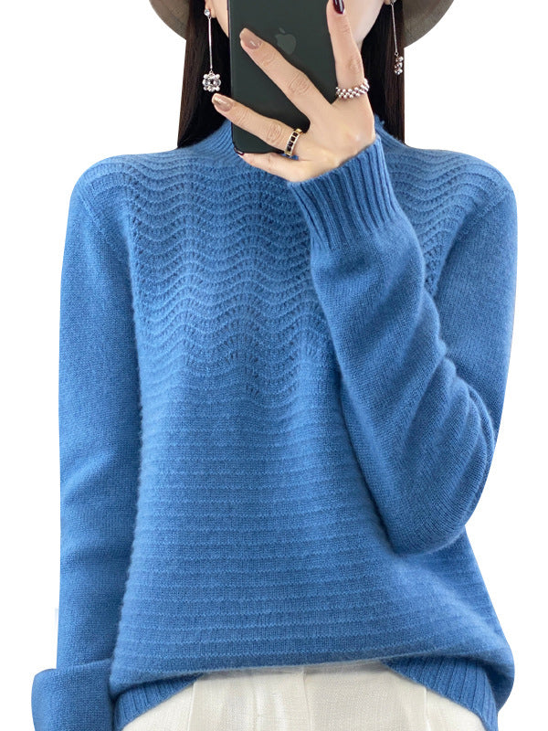 Solid Color Long Sleeves Loose Mock Neck Sweater Tops Pullovers
