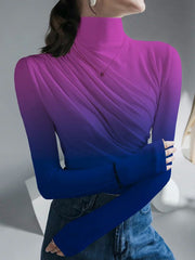 Long Sleeves Skinny Gradient Pleated High Neck T-Shirts Tops