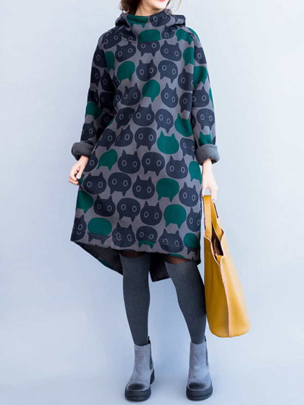 Animal Printed Quilted Split-back Velvet A-line High-low Hooded Sweatershirt Midi Dresses