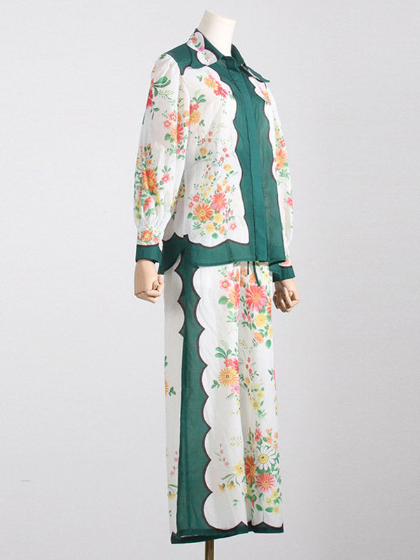 Buttoned Long Sleeves Flower Print Lapel Shirts Top + High Waisted Pants Bottom Two Pieces Set