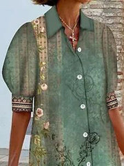 Buttoned Flower Print Half Sleeves Loose Lapel Shirt Dress Mini Dresses