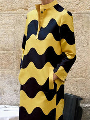 Contrast Color Split-Side Striped Long Sleeves Loose Stand Collar Midi Dresses