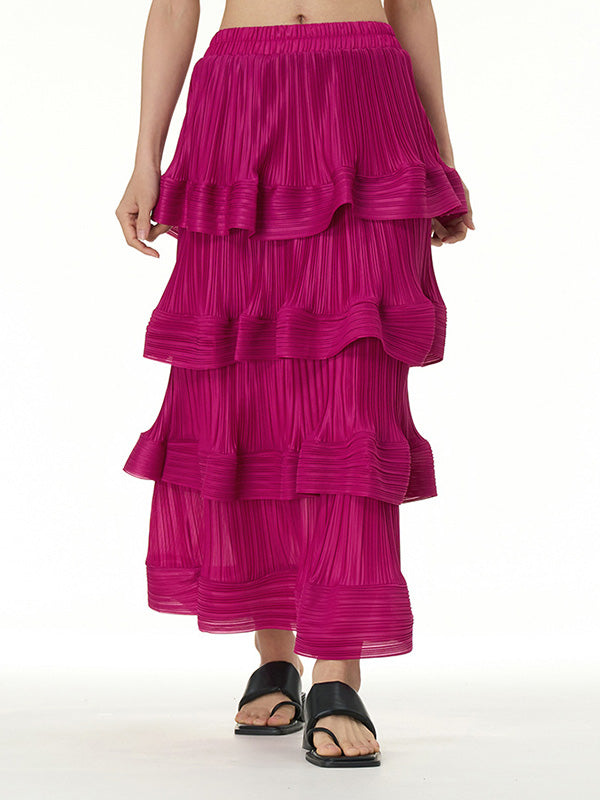 Elasticity Layered Pleated Ruffled Solid Color Loose Skirts Bottoms