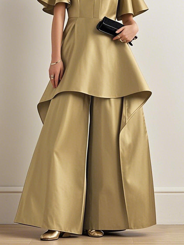 Shiny Solid Color High Waisted Loose Trousers Pants