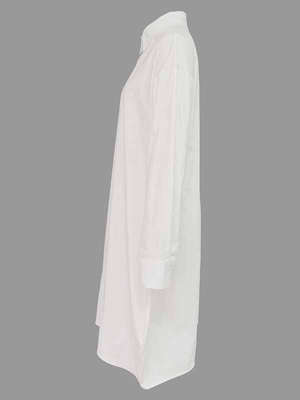 Pleated Solid Color Split-Joint Long Sleeves Loose Lapel Shirt Dress Midi Dresses