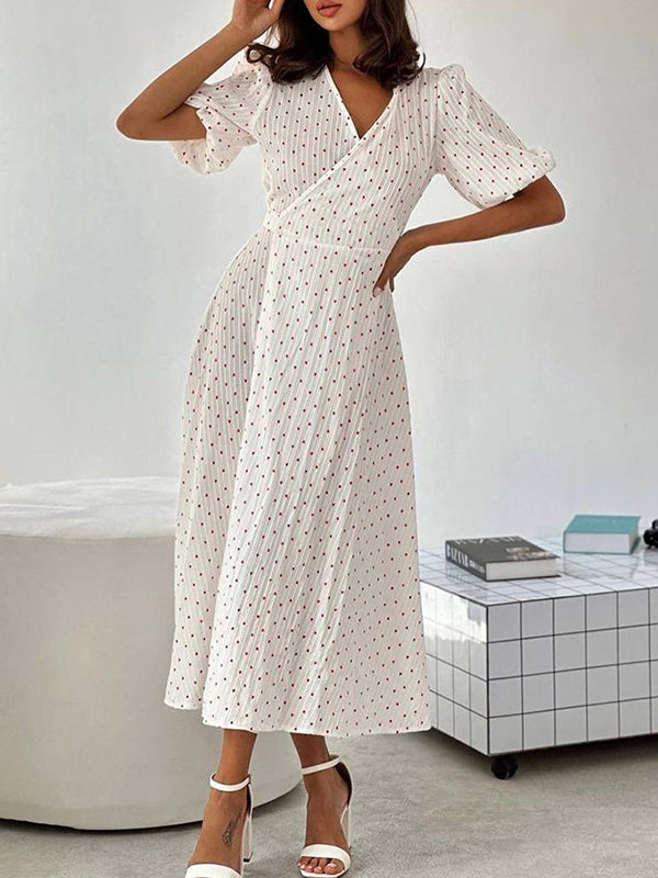 Elasticity Heart Print Jacquard Polka-Dot Split-Joint Tied Waist A-Line High Waisted V-Neck Midi Dresses