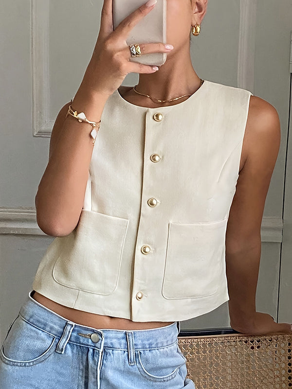 Buttoned Pockets Split-Joint Loose Sleeveless Round-Neck Vest Top