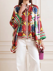 Buttoned Flower Print Batwing Sleeves High-Low Stand Collar Blouses&Shirts Tops
