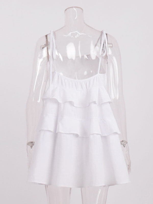 Backless Layered Pleated Solid Color Tied High Waisted Loose Spaghetti-Neck Mini Dresses