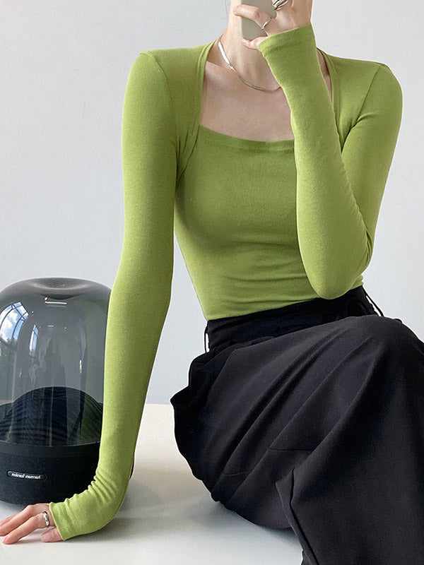 Simple Solid Color Square-Neck Long Sleeves False Two Base Shirt