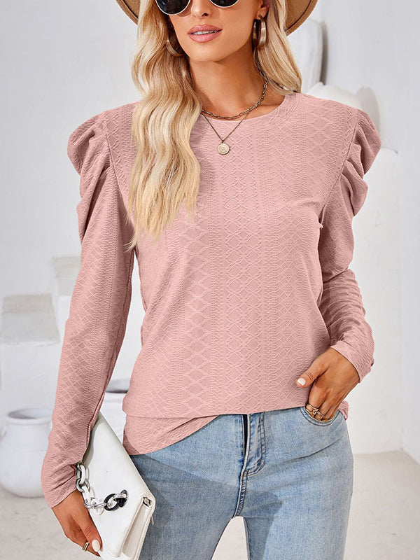 Pleated Solid Color Long Sleeves Loose Round-Neck T-Shirts Tops