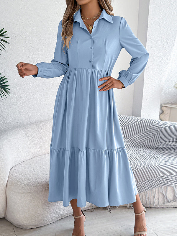 Pleated Ruffled Solid Color High Waisted Long Sleeves Lapel Shirt Dress Midi Dresses