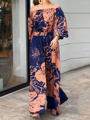Loose Contrast Color Elasticity Floral Printed Off-The-Shoulder Shirts&Pants Suits