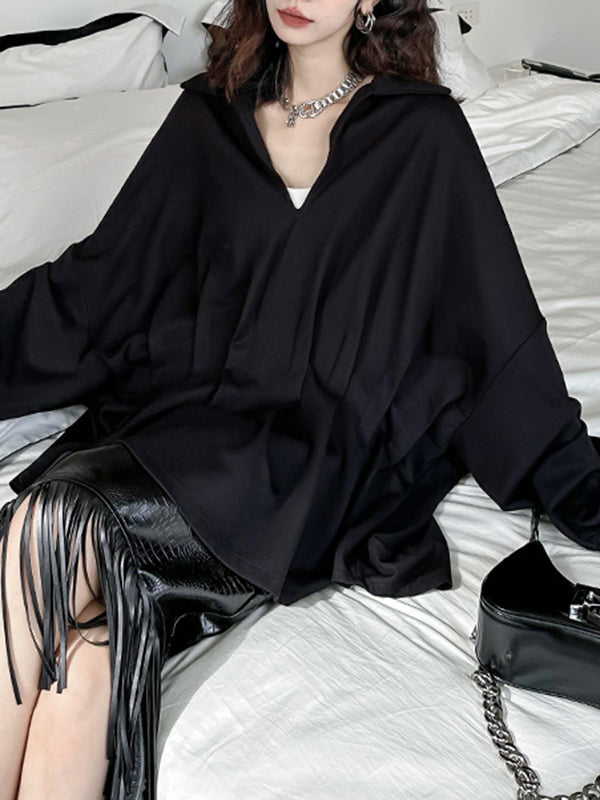 Pleated Solid Color Batwing Sleeves Long Sleeves Deep V-Neck Blouses&Shirts Tops