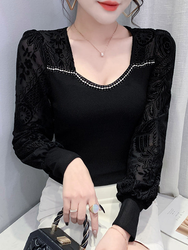 Rhine Stones Split-Joint Velvet Long Sleeves Skinny Square-Neck T-Shirts Tops