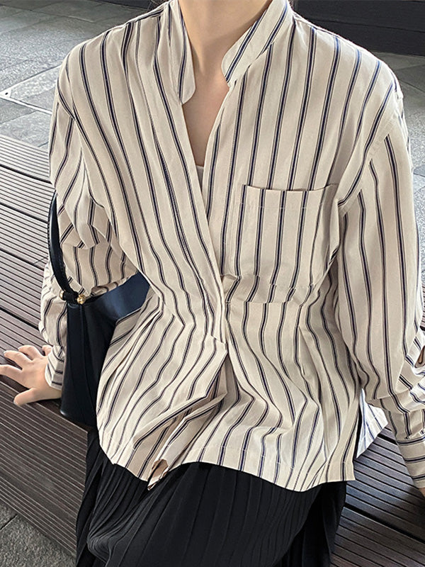 Original Creation Loose Long Sleeves Striped V-Neck Blouses&Shirts Tops