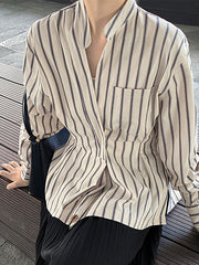 Original Creation Loose Long Sleeves Striped V-Neck Blouses&Shirts Tops