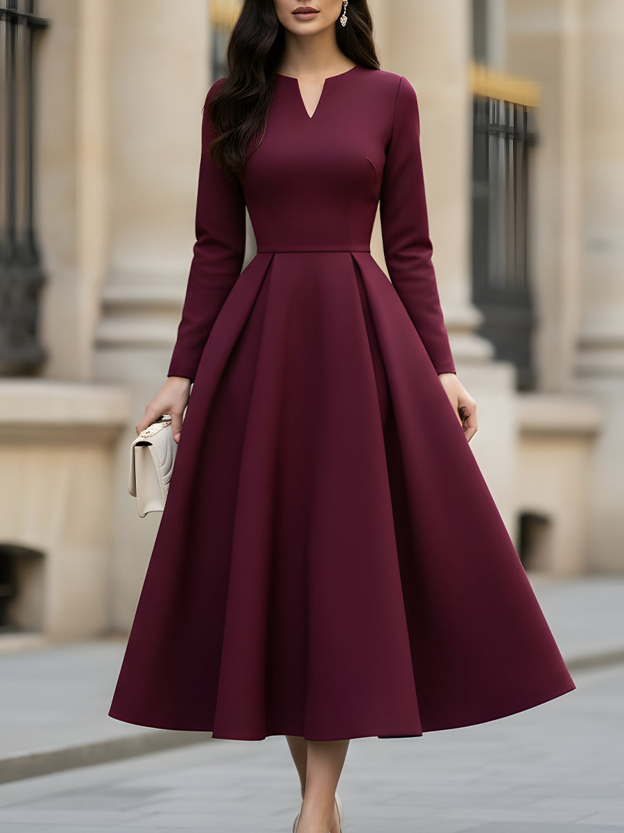 Pleated Solid Color A-Line High Waisted V-Neck Maxi Dresses