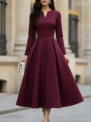 Pleated Solid Color A-Line High Waisted V-Neck Maxi Dresses