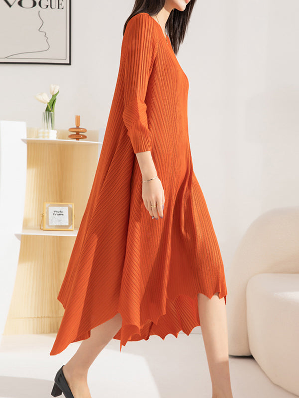 Pleated Solid Color Irregular clipping Loose Round-neck Midi Dresses