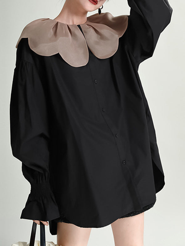 Contrast Color Elasticity Pleated Split-Joint Long Sleeves Loose Peter Pan Collar Blouses