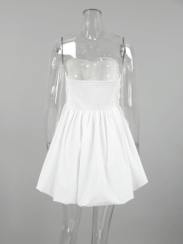 Elasticity Pleated Pockets Solid Color A-Line High Waisted Tube Mini Dresses