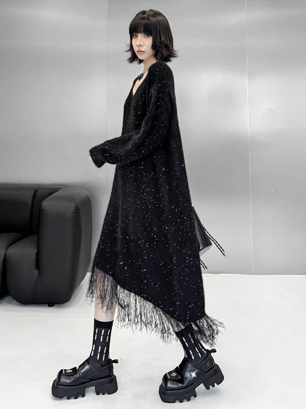 Contrast Color Sequined Shiny Split-Joint Tasseled Irregularity Long Sleeves V-Neck Sweater Dresses Midi Dresses