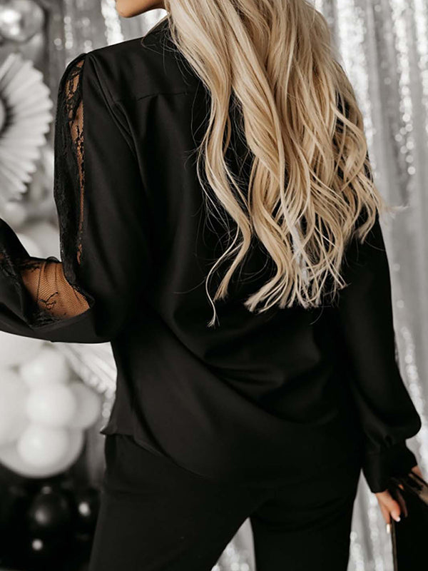 Buttoned Mesh Split-Joint Long Sleeves Loose Lapel Blouses&Shirts Tops