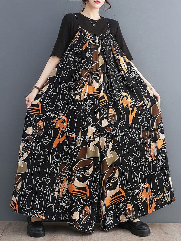 Figure Printed Loose Wide Leg Spaghetti-Neck Overalls
