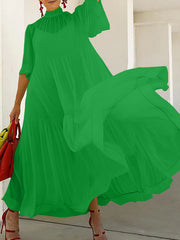 Loose Plus Size Mesh Pleated Solid Color Split-Joint Mock Neck Maxi Dresses Two Pieces Set