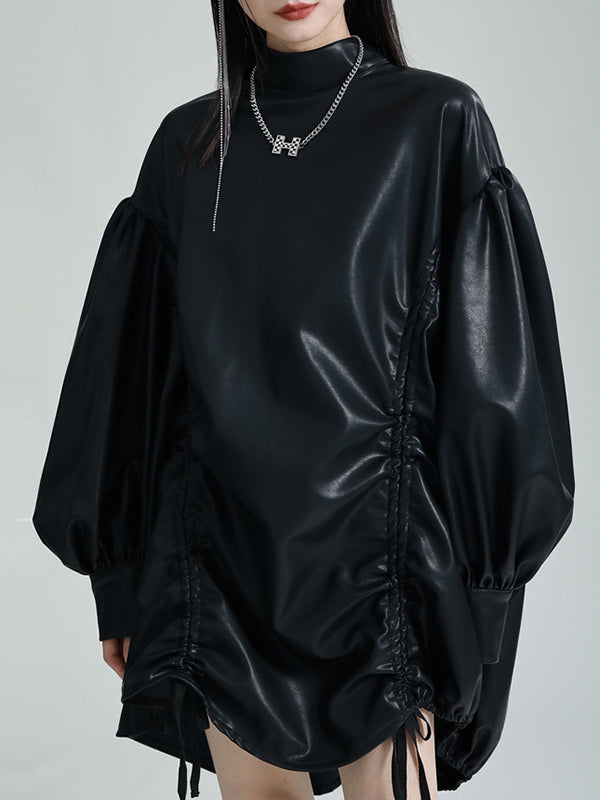 Drawstring Pleated Solid Color High-Low Long Sleeves Stand Collar Mini Dresses