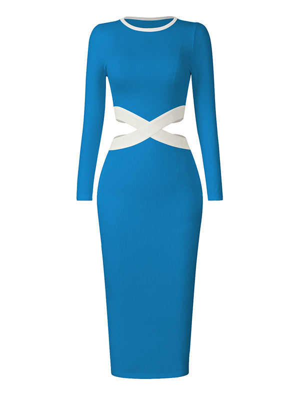 Hollow High Waisted Long Sleeves Round-Neck Midi Dresses