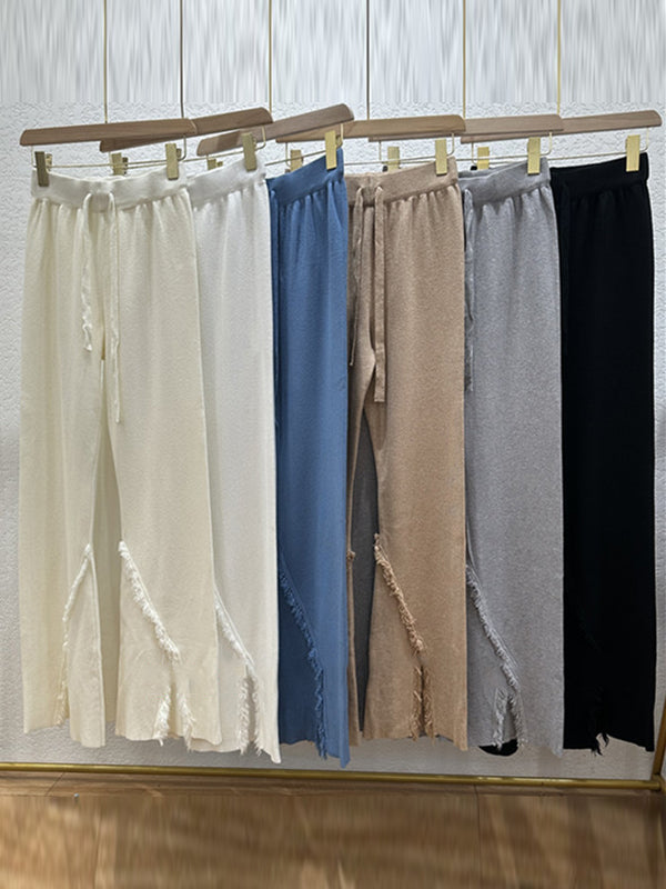 Drawstring Fringed Solid Color Split-Front High Waisted Wide Leg Trousers Pants Bell-Bottoms