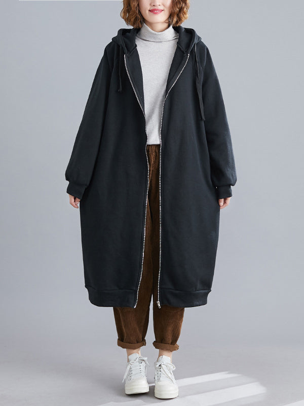 Casual Loose Long Sleeves Solid Color Hooded Outerwear