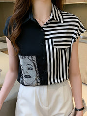 Asymmetric Figure Printed Cap Sleeve Loose Lapel Blouses&Shirts Tops