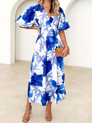 Flower Print Pleated Split-Joint Zipper A-line High Waisted V-neck Midi Dresses