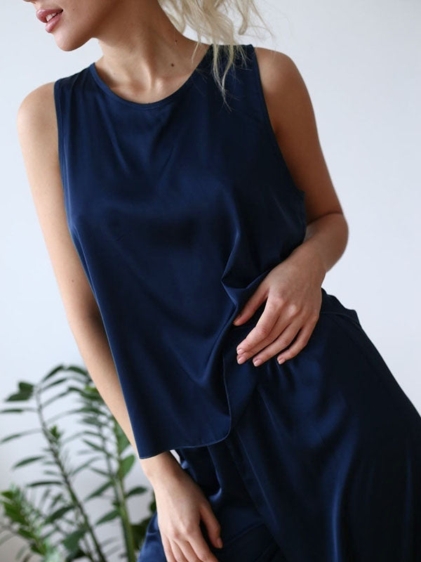 Round-Neck Loose Sleeveless Solid Color Split-Back Vest Top + Elasticity Pants Bottom Pajama Sets