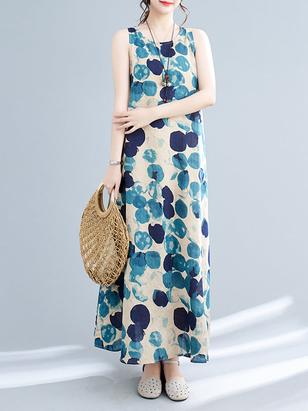Polka-Dot Loose Sleeveless Round-Neck Maxi Dresses