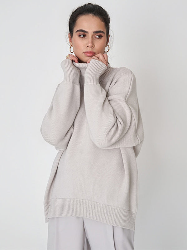 Casual Long Sleeves Loose Solid Color High-Neck Sweater Tops