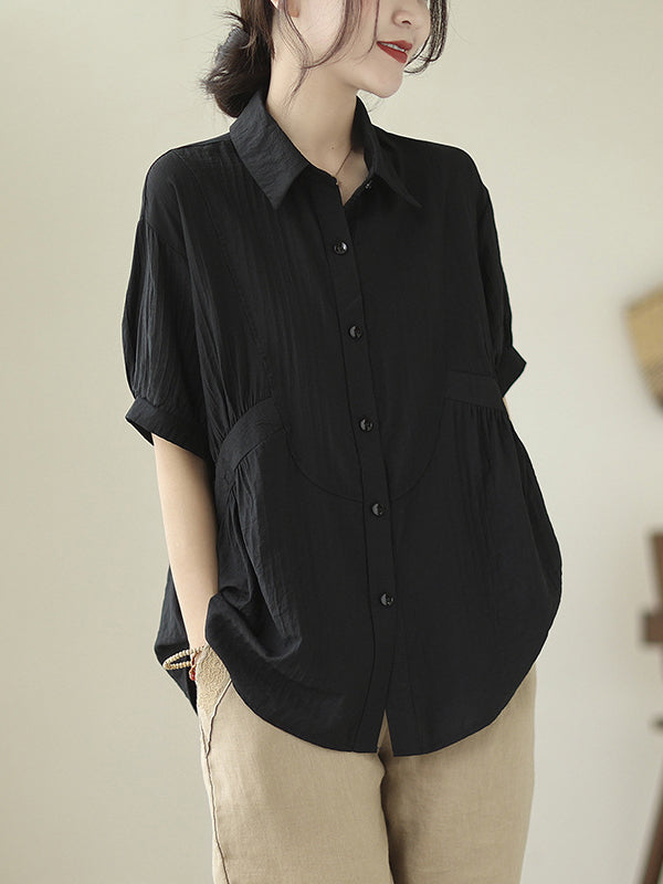 Pleated Solid Color Split-Joint Half Sleeves Loose Lapel Blouses&Shirts Tops