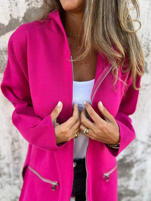 Pockets Solid Color Split-Joint Zipper Hooded Long Sleeves Outerwear